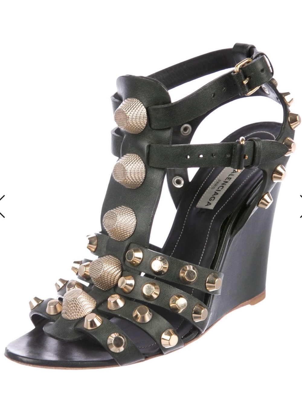 Balenciaga Olive Green Studded Wedge Sandals - Picture 3 of 12